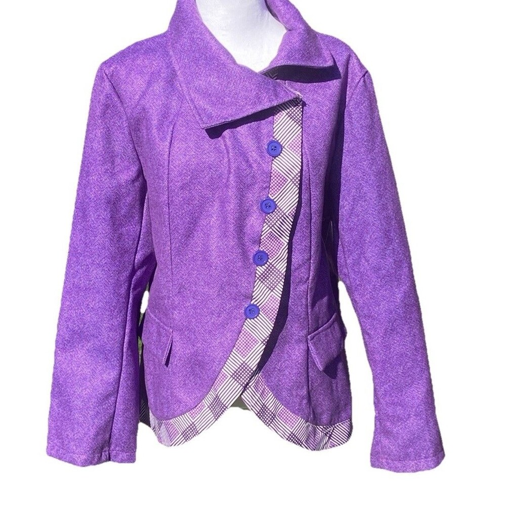Misslook Womens Sz 4X Purple Blazer Jacket Button Up Plaid Trim Collared Career